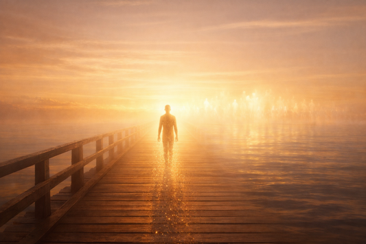 A glowing human silhouette walks along a long wooden bridge that fades into radiant golden light, with the lower half of the body dissolving into particles and faint luminous figures waiting in the mist ahead.