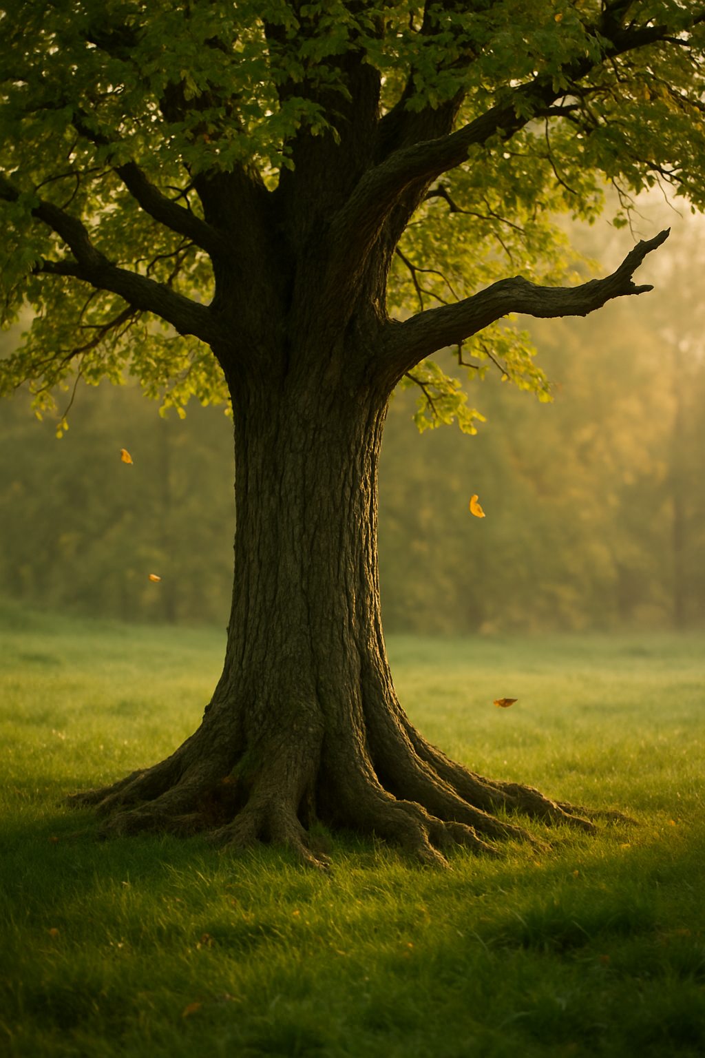 Large tree in a sunlit field, its sturdy trunk and deep roots symbolizing the people who stay in your life, inspired by Tyler Perry’s Madea story comparing people to leaves, branches, and roots.