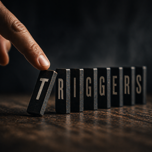 Close-up of a hand pushing the first domino in a row spelling TRIGGERS, symbolizing how a small action can start a chain reaction of emotional responses