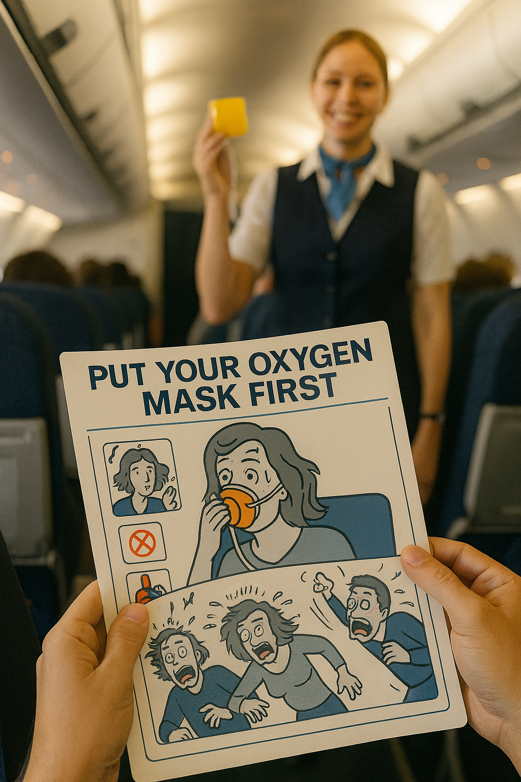 Passenger holding an airplane safety card reading “Put Your Oxygen Mask First” during an in-flight safety demonstration, with a smiling flight attendant blurred in the background.