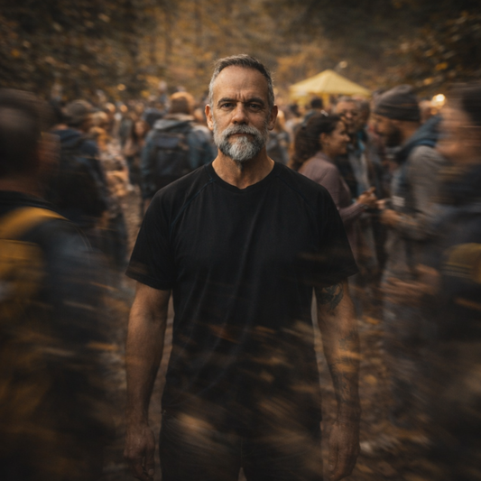 Man standing still and grounded while a busy crowd moves around him, representing managing emotions and staying centered in chaos