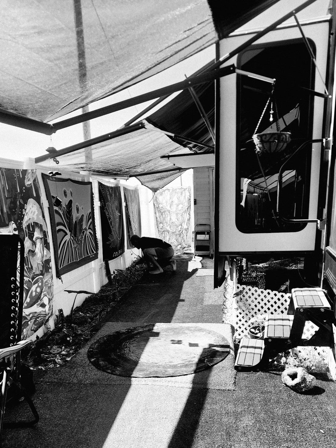 Simple camper space with soft natural light, quiet and minimal, used for rest, reflection, and mental reset