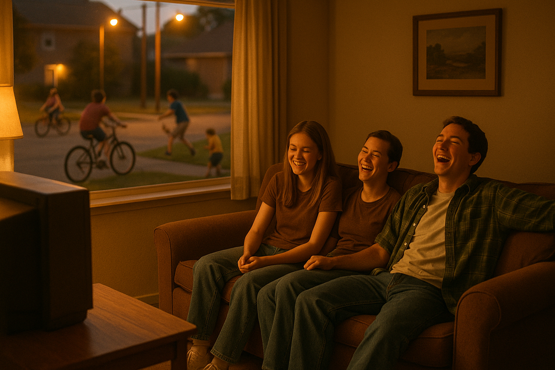 Streetlights turning on at dusk while kids walk home, with friends inside a living room laughing around a TV, capturing the fearless joy of life back then.