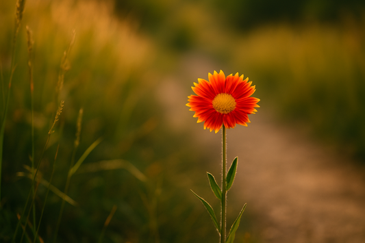 Single vibrant orange and yellow wildflower standing tall in a sunlit meadow, with a soft blurred path in the background.
