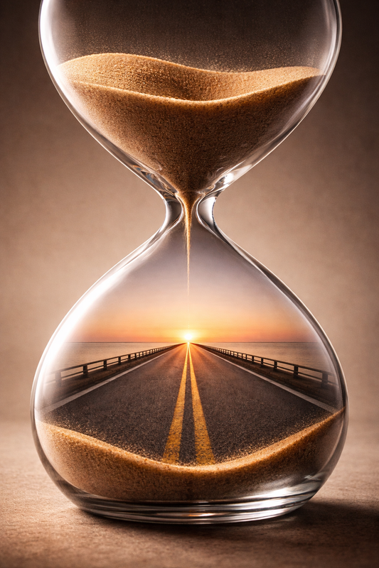 Hourglass with sand passing through, symbolizing time, transition, and entering a new phase of life with awareness