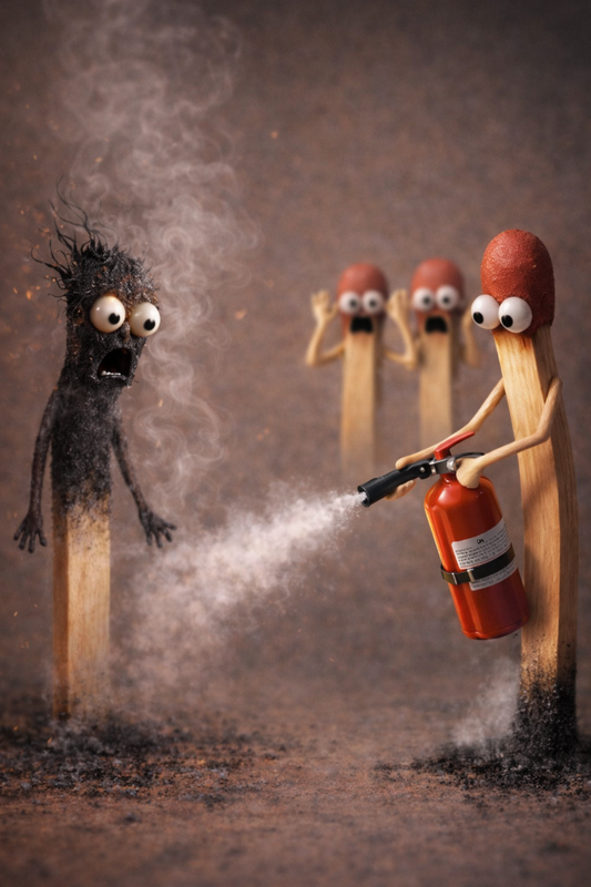 A charred matchstick smokes after being extinguished while another calmly uses a fire extinguisher, as others panic in the background, illustrating proactive versus reactive behavior.
